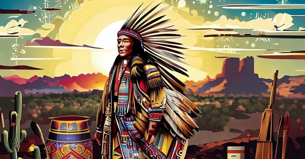 Apache in Southwest surrounded by cultural items