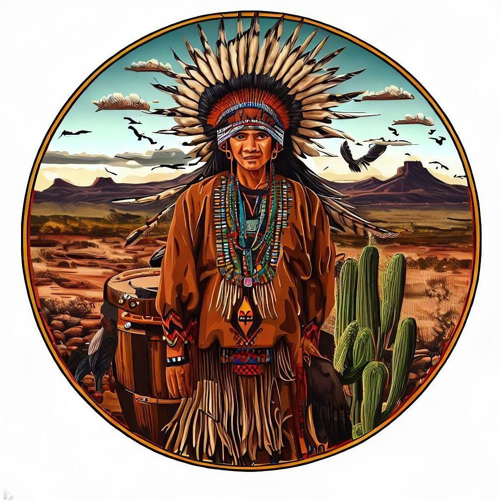 Apache in traditional clothes in circle frame